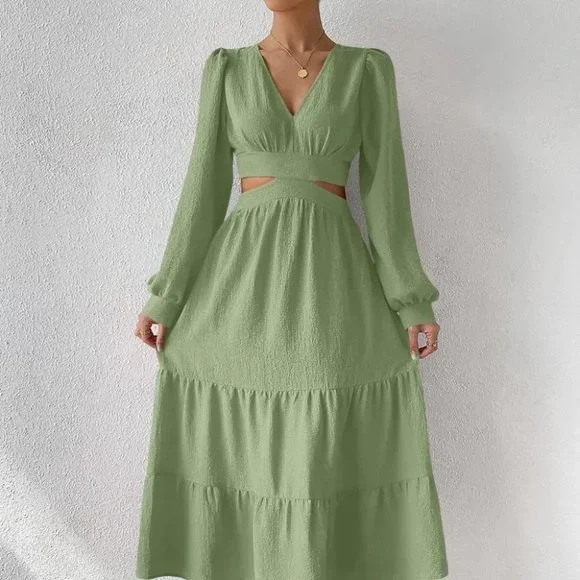 Cut Out Waist Lantern Sleeve Ruffle Hem green Dress maxi - Picture 4 of 5